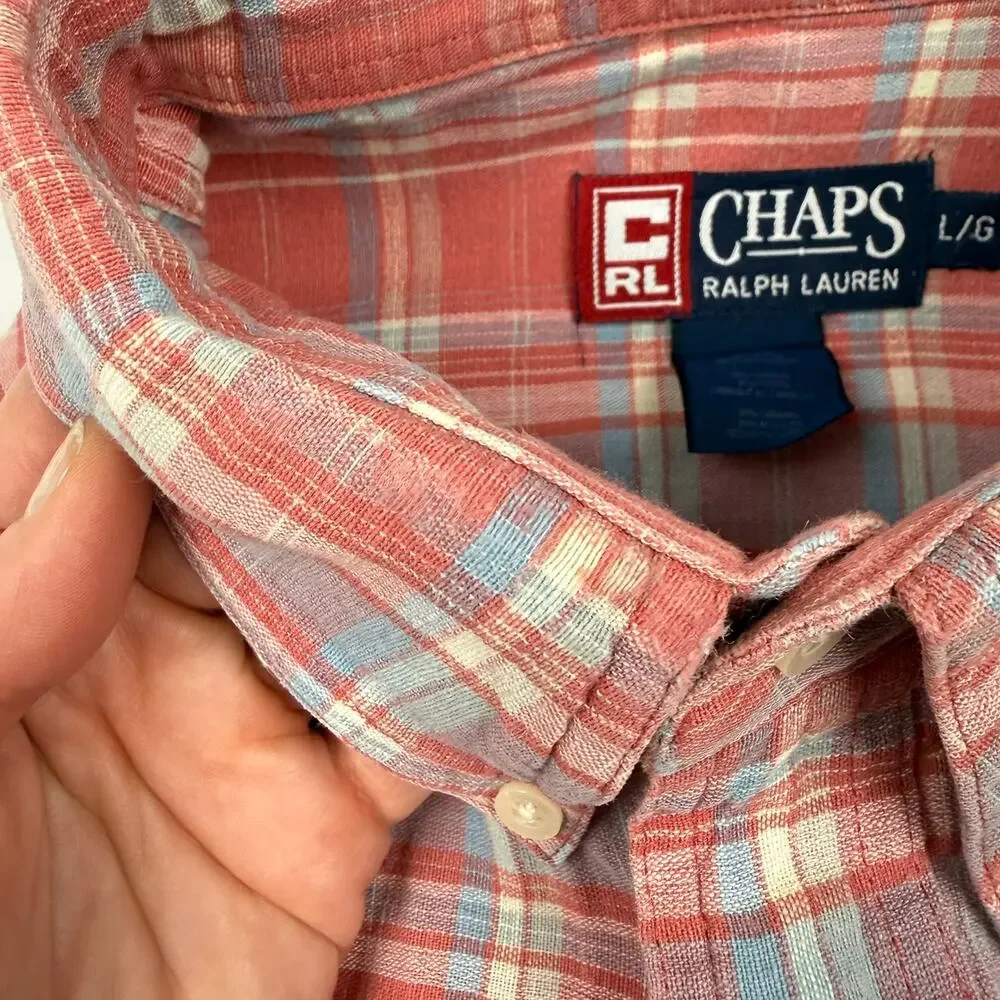 Chaps Ralph Lauren Plaid Button-Up Shirt Hemp Cotton Coral 90s Y2K Large